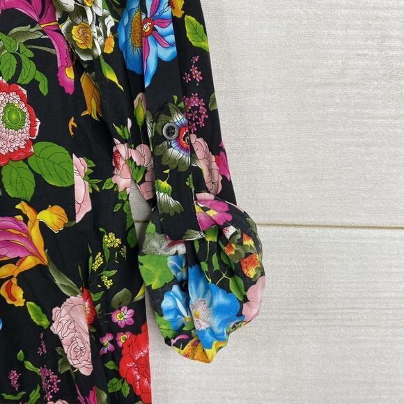 Anthro 11-1-TYLHO Top Womens M Black Floral Colorful Roll Tab Sleeve Button Up - Picture 5 of 10